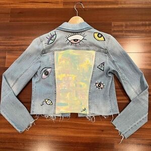 Bar III Blue Denim Jean Jacket Hand Painted Denim Upcycle Custom Back Evil Eye S